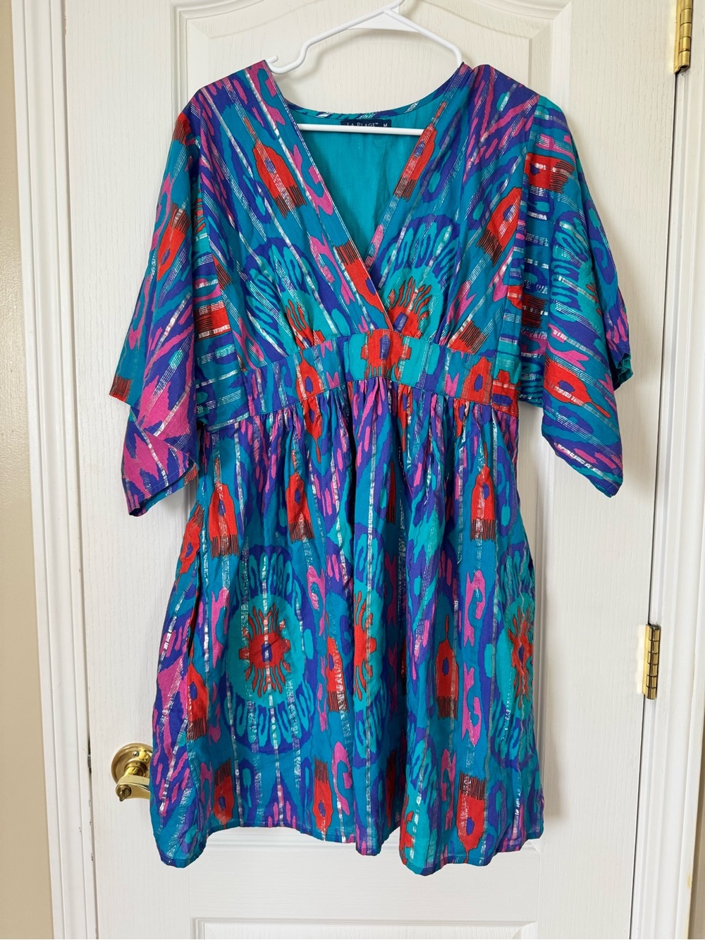 La Plage Cotton Ikat Print Tunic Dress Cover Up Medium Boho Beach Resort